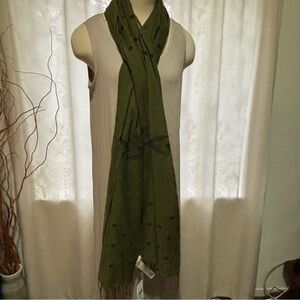 Eileen Fisher Organic Cotton Jamdani Olive Scarf with Black Chevron Pattern NWT